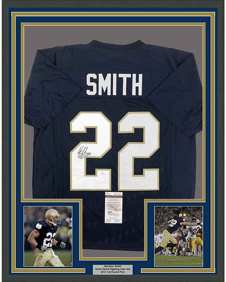 Framed Autographed/Signed Harrison Smith 35x39 Notre Dame Blue College Football Jersey JSA COA
