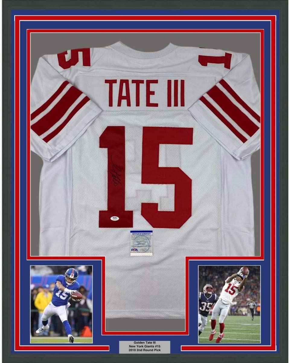 Framed Autographed/Signed Golden Tate III 35x39 New York White Football Jersey PSA/DNA COA