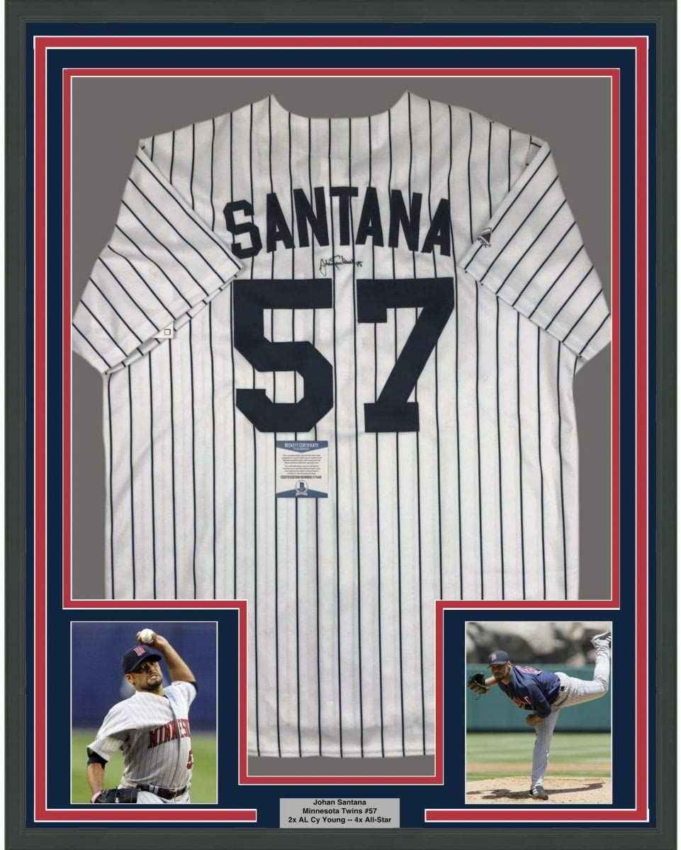 Framed Autographed/Signed Johan Santana 35x39 Minnesota Pinstripe Baseball Jersey Beckett BAS COA