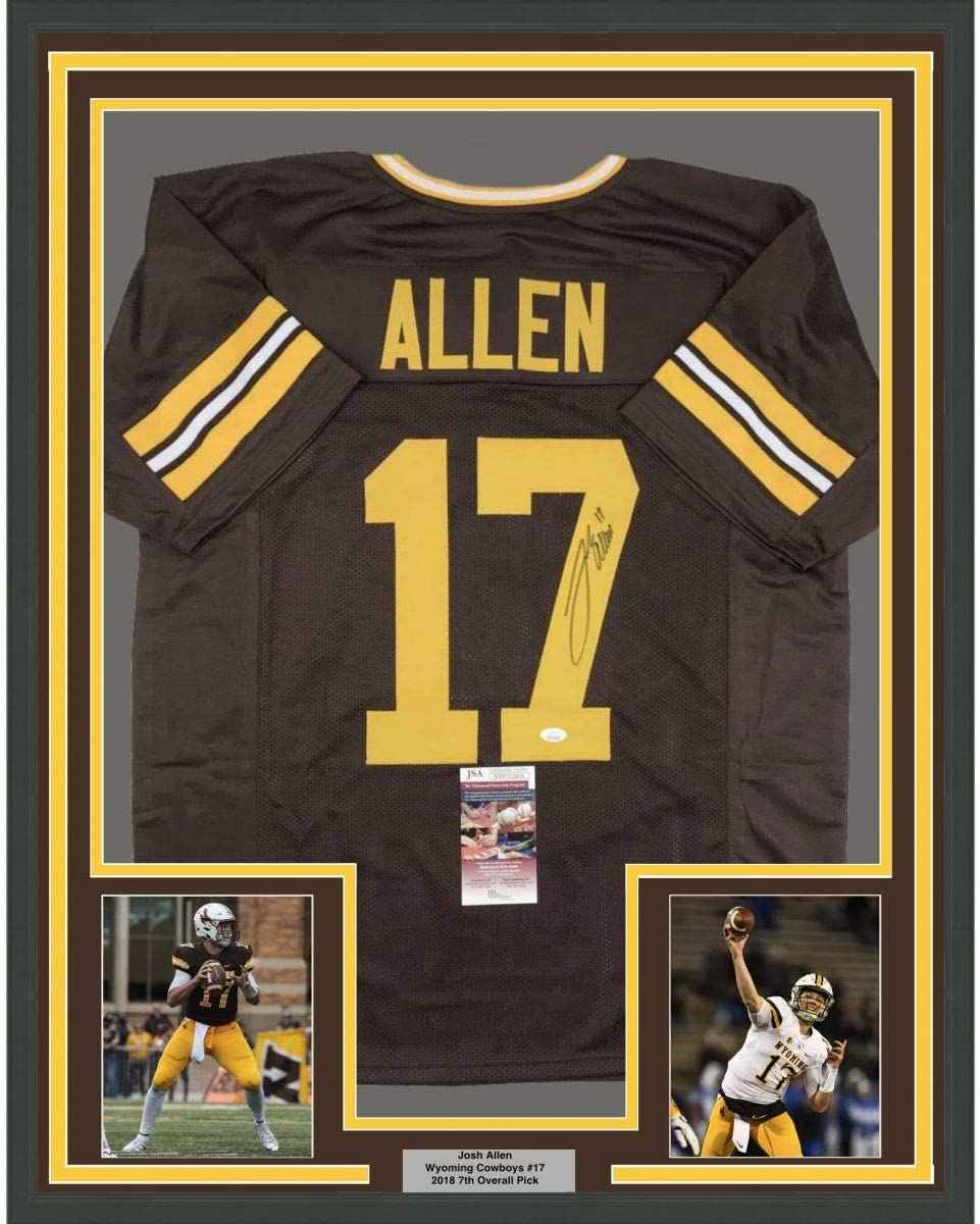 Framed Autographed/Signed Josh Allen 35x39 Wyoming Brown College Football Jersey JSA COA