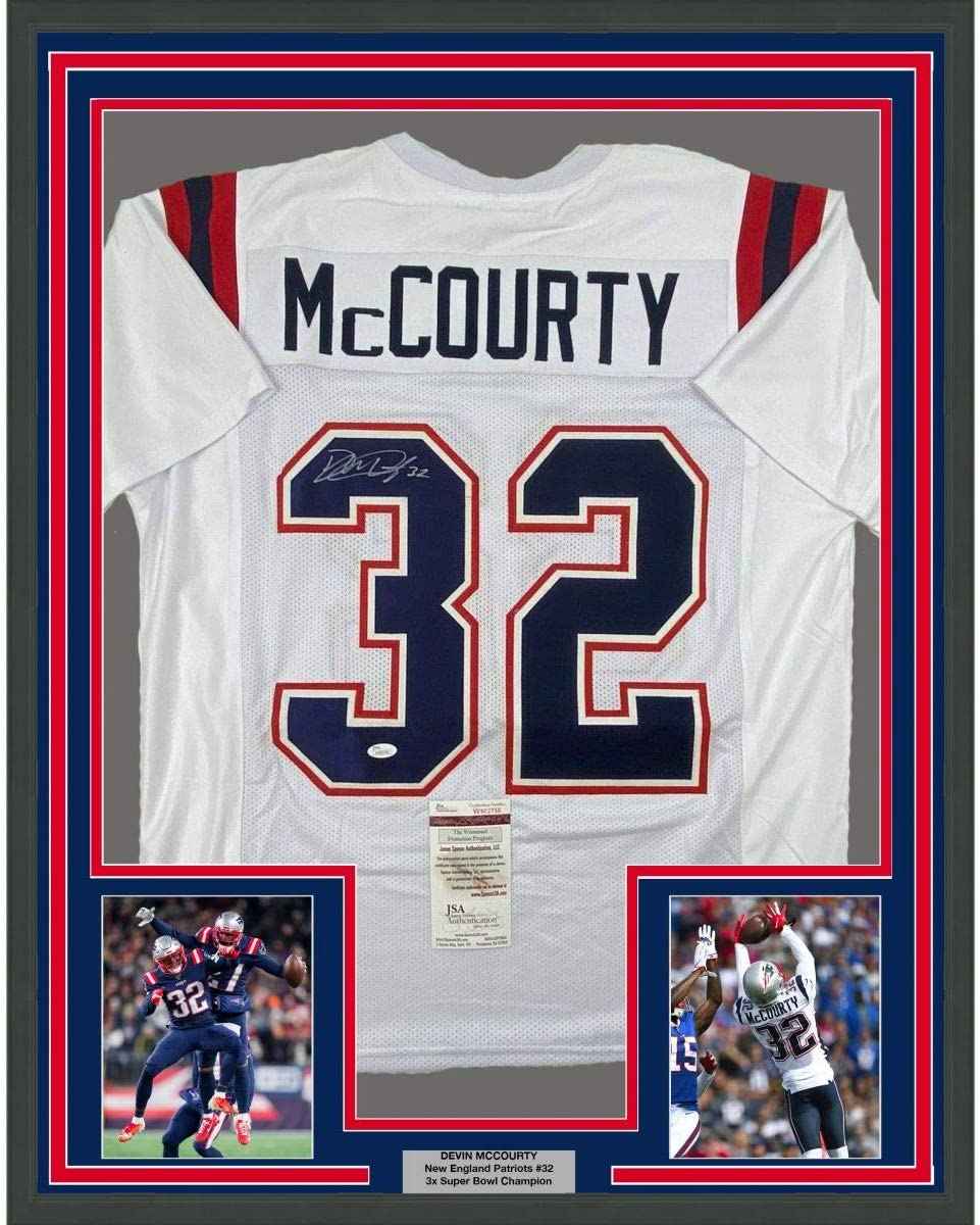 Framed Autographed/Signed Devin McCourty 35x39 New England White Football Jersey JSA COA