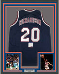Framed Autographed/Signed Micheal Ray Richardson 35x39 New York Dark Blue Basketball Jersey PSA/DNA COA