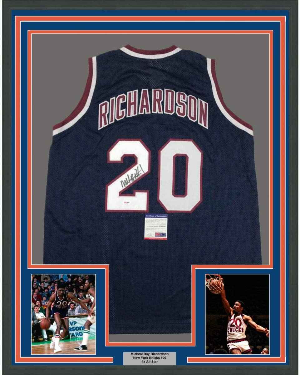 Framed Autographed/Signed Micheal Ray Richardson 35x39 New York Dark Blue Basketball Jersey PSA/DNA COA