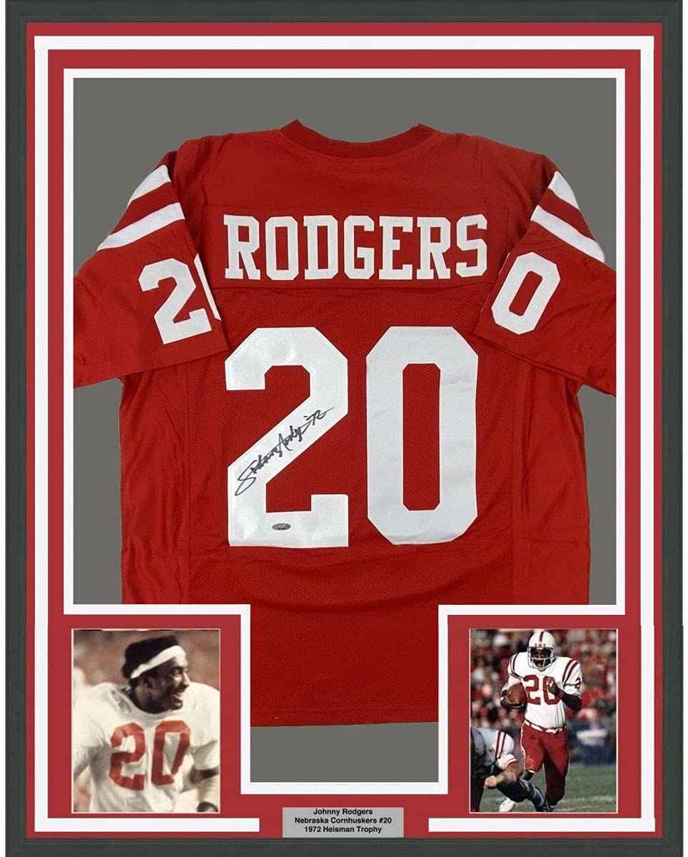 Framed Autographed/Signed Johnny Rodgers 35x39 Nebraska Red College Football Jersey Tristar COA Holo Only