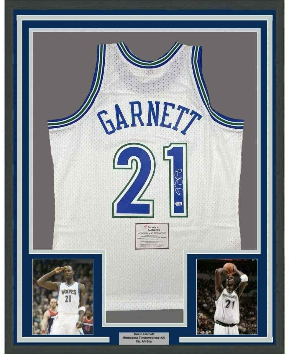 Framed Autographed/Signed Kevin Garnett 35x39 Minnesota Timberwolves White Authentic Mitchell & Ness Basketball Jersey Fanatics COA