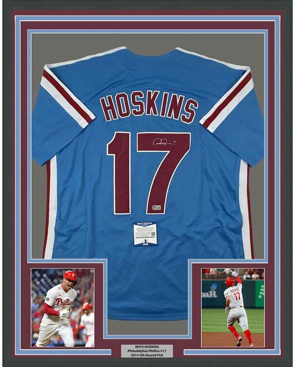 Framed Autographed/Signed Rhys Hoskins 35x39 Philadelphia Retro Blue Baseball Jersey Beckett BAS COA