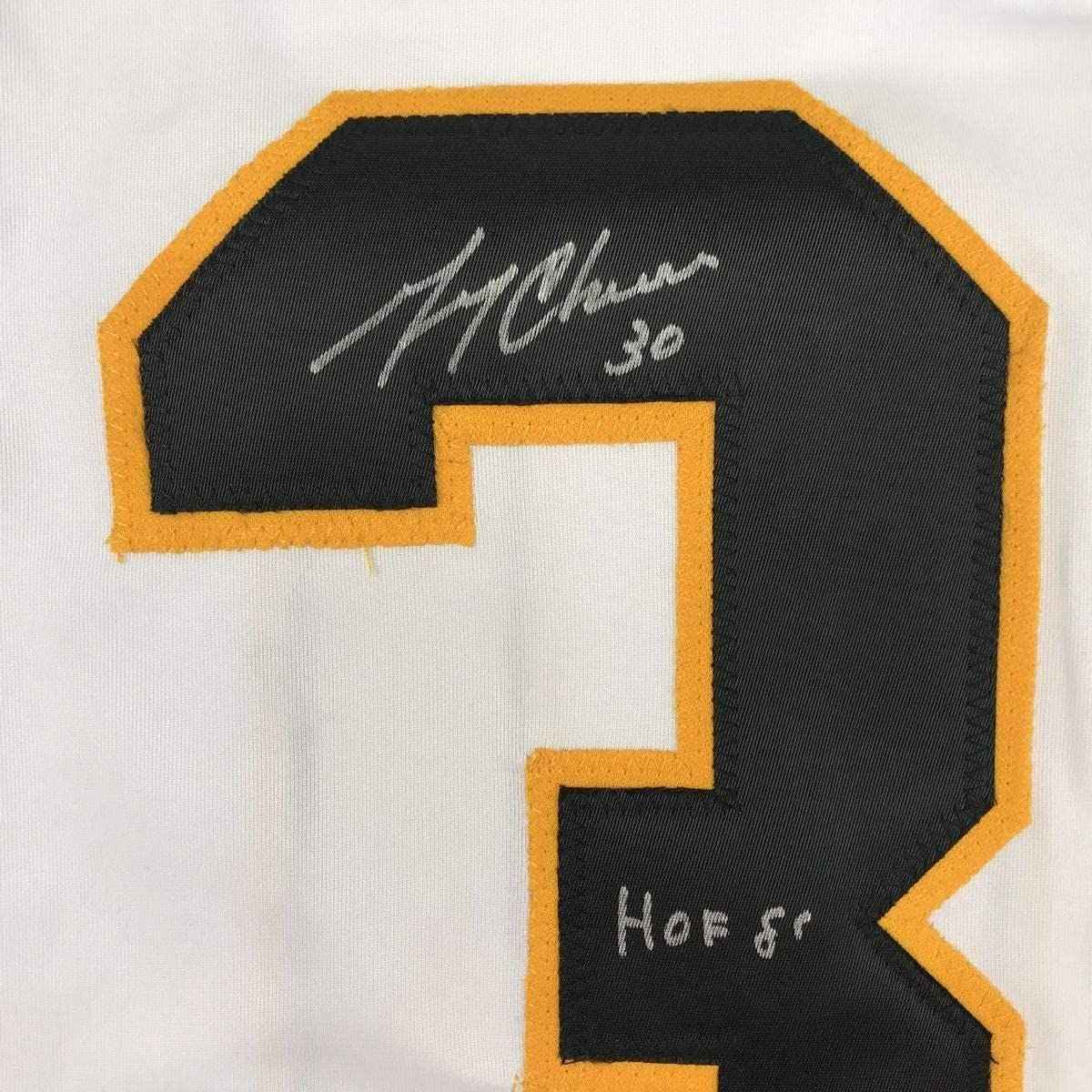 Framed Autographed/Signed Gerry Cheevers HOF 85 35x39 Boston White Hockey Jersey JSA COA