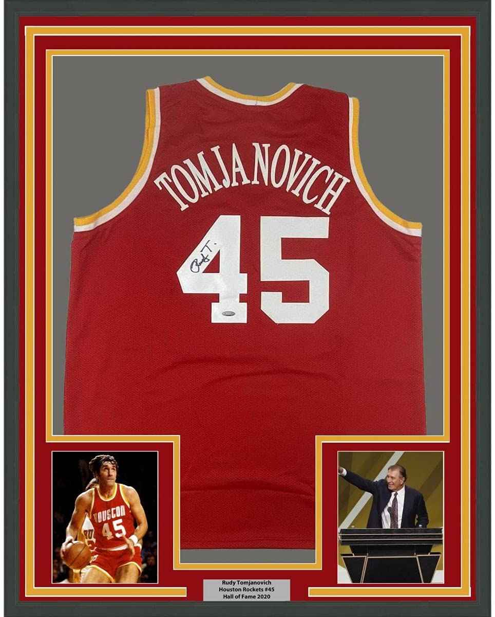 Framed Autographed/Signed Rudy Tomjanovich 35x39 Houston Red Basketball Jersey Tristar COA