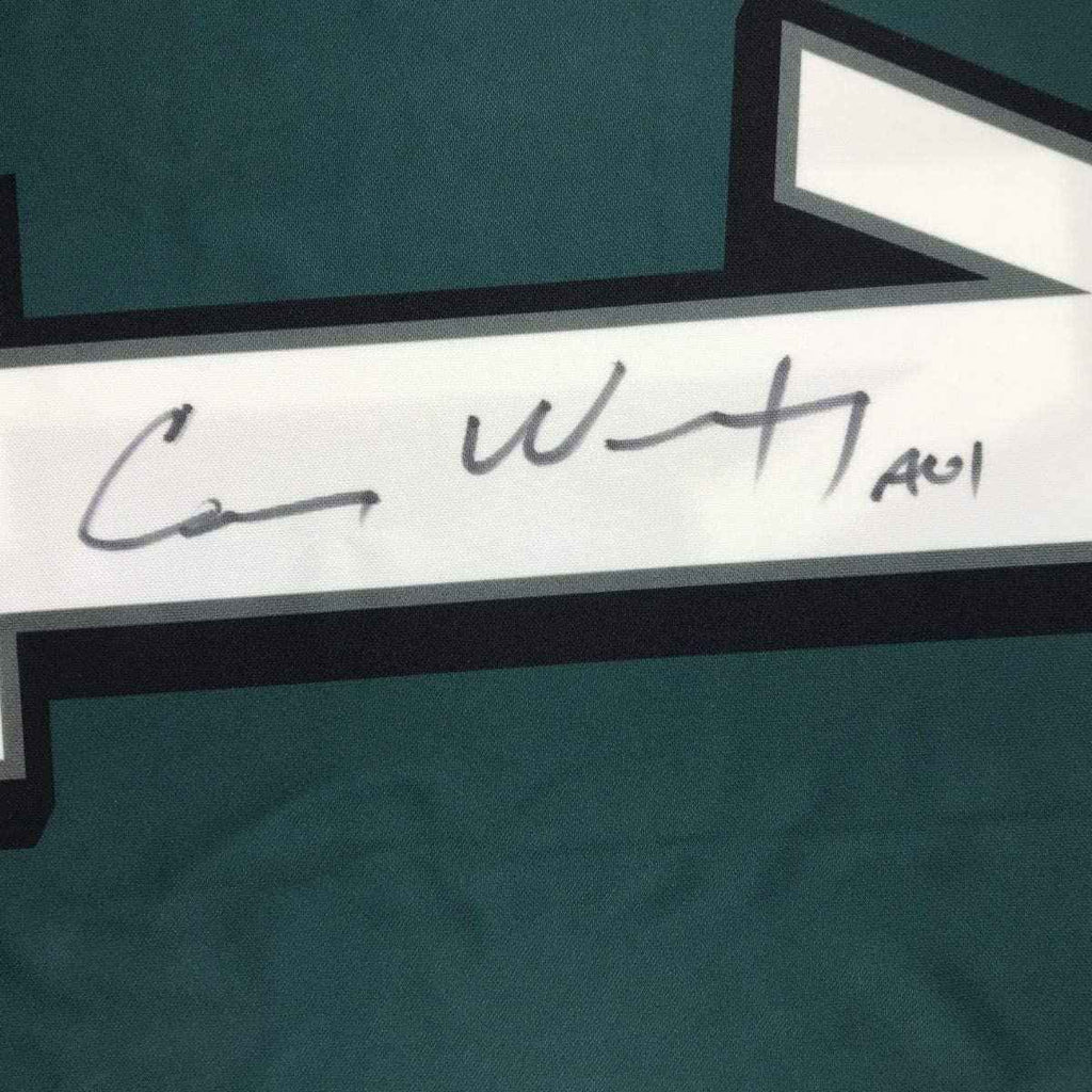 Framed Autographed/Signed Carson Wentz 35x39 Philadelphia Eagles Green Nike Dri Fit Football Jersey Fanatics COA
