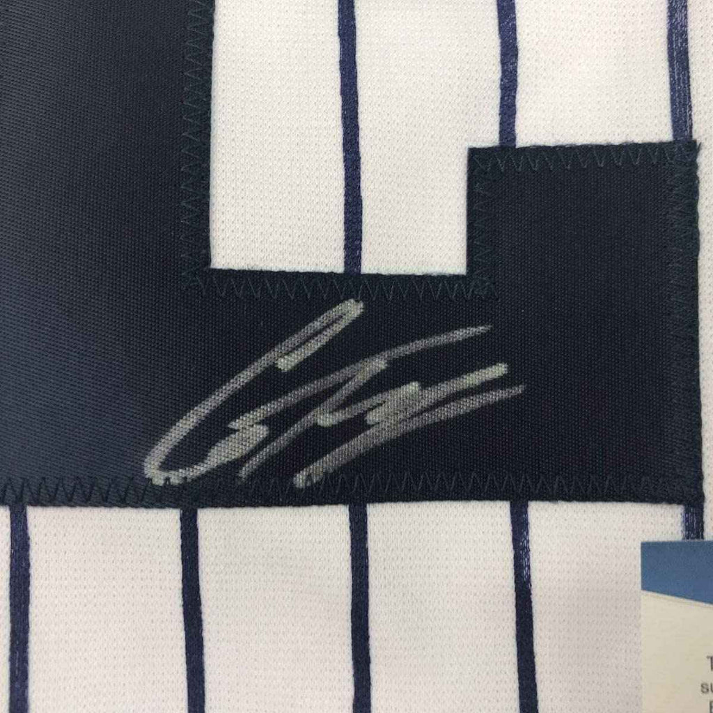 Framed Autographed/Signed Gleyber Torres 35x39 New York #25 Pinstripe Baseball Jersey Beckett BAS COA