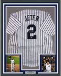 Framed Autographed/Signed Derek Jeter 35x39 New York Pinstripe Baseball Jersey Steiner Sports COA Hologram Only