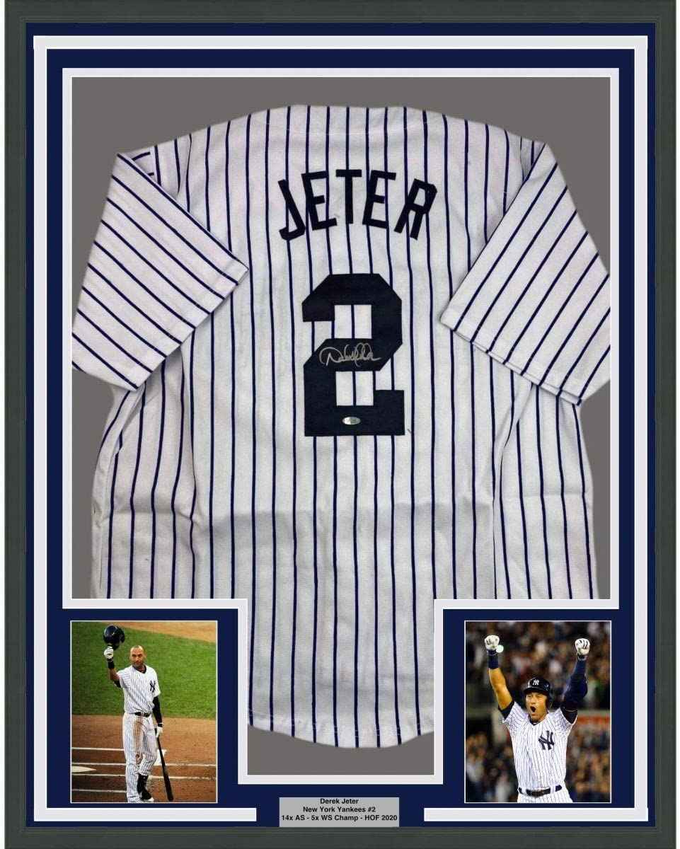 Framed Autographed/Signed Derek Jeter 35x39 New York Pinstripe Baseball Jersey Steiner Sports COA Hologram Only