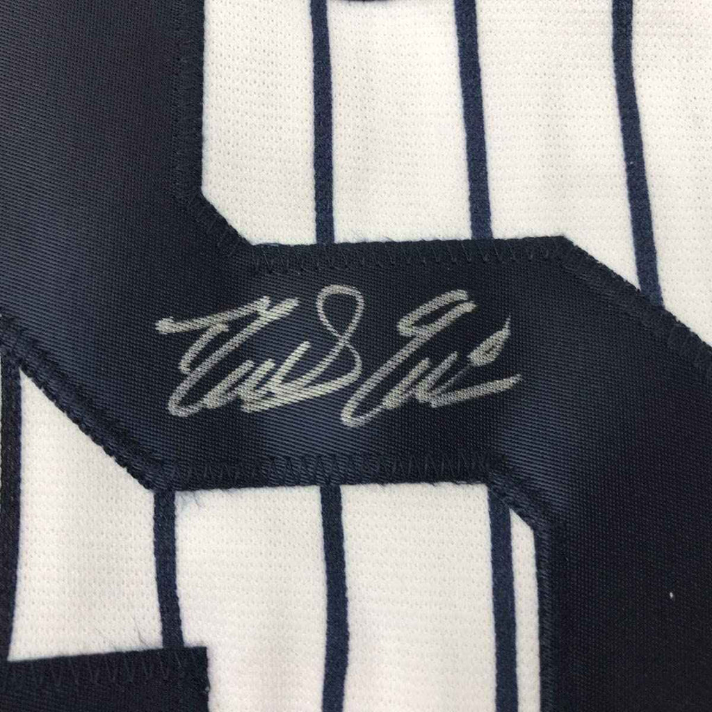 Autographed/Signed Domingo German New York Pinstripe Baseball Jersey JSA COA