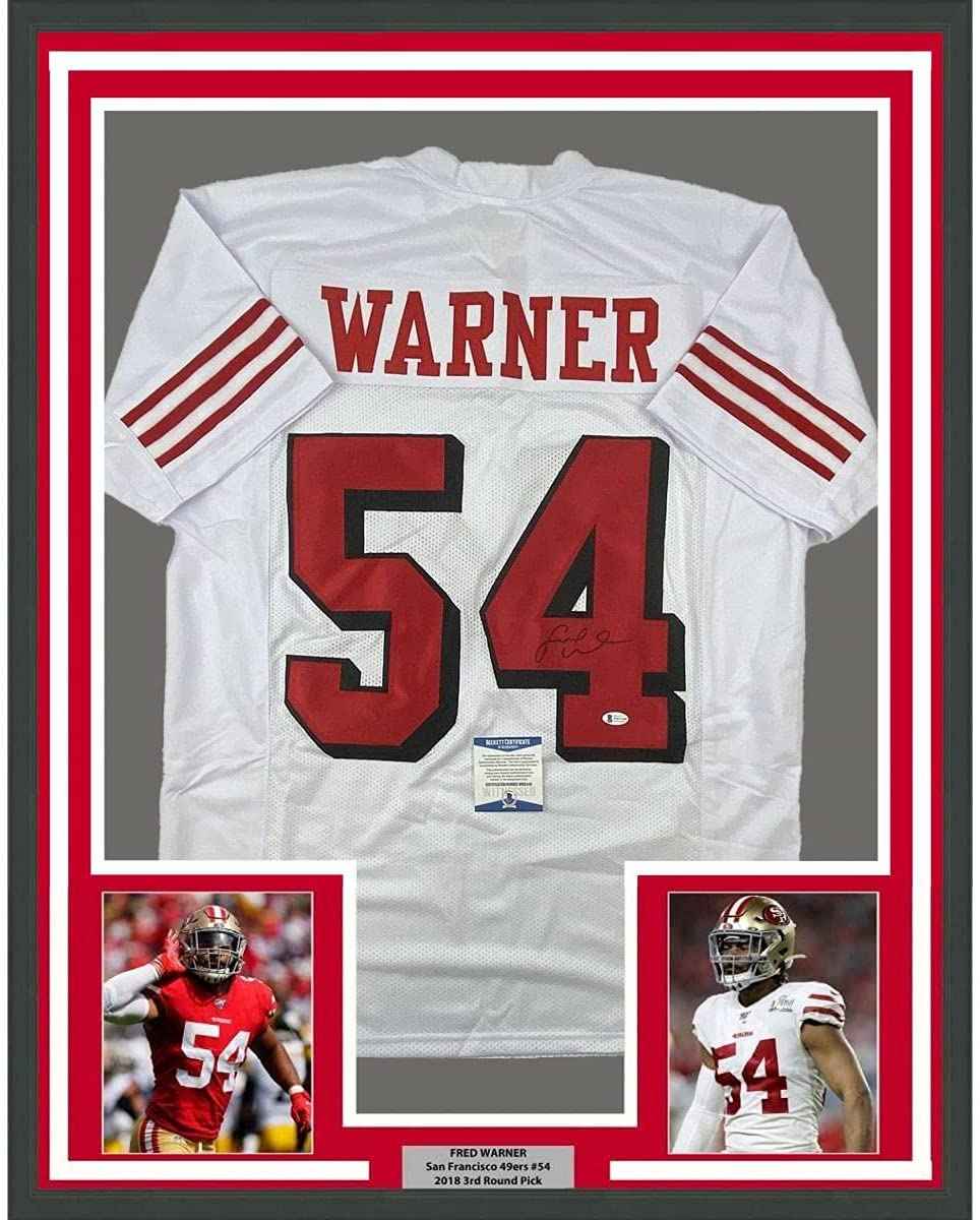 Framed Autographed/Signed Fred Warner 35x39 San Francisco White Alternate Football Jersey Beckett BAS COA