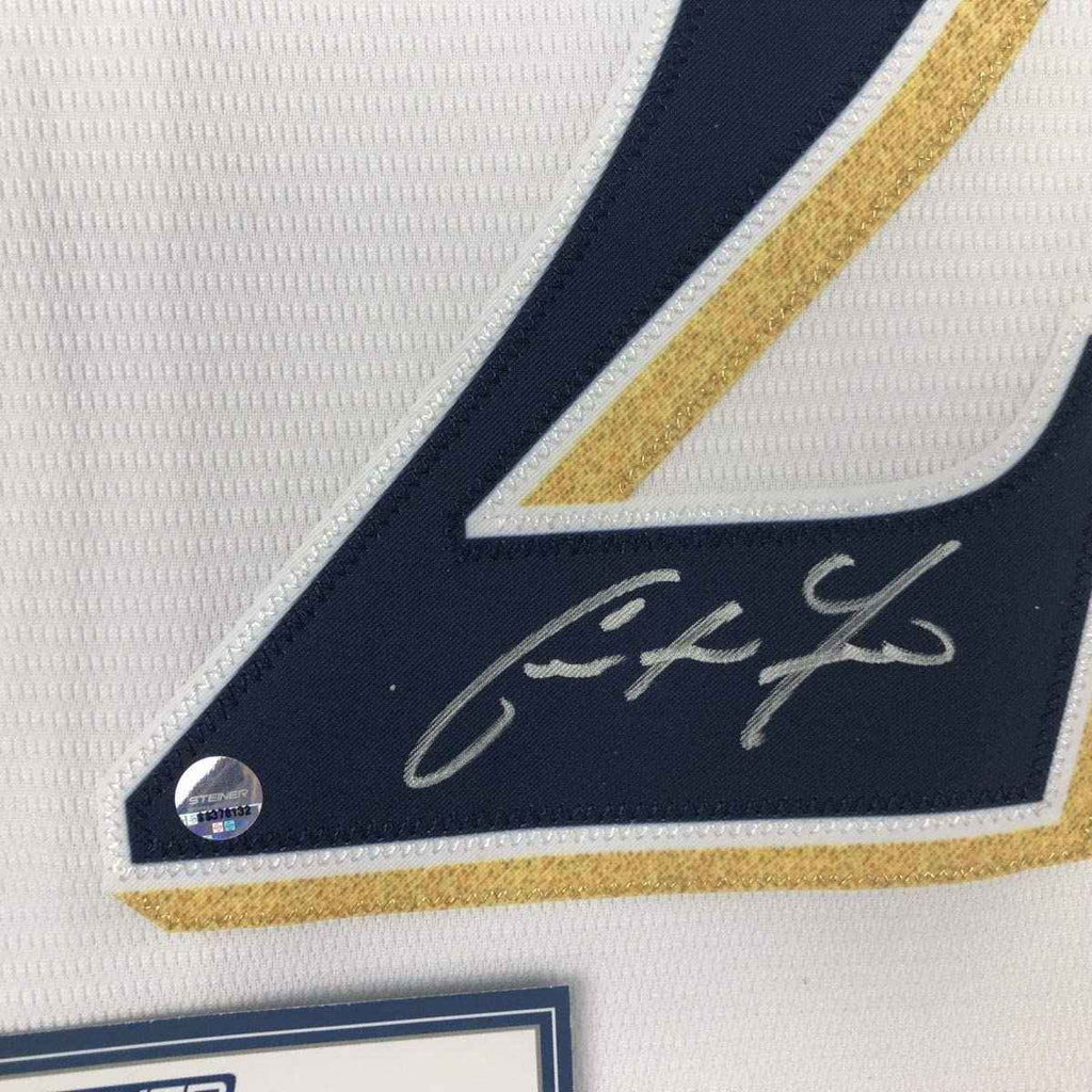 Framed Autographed/Signed Christian Yelich 35x39 Milwaukee Brewers White Cool Base Baseball Jersey Steiner Sports COA