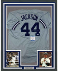 Framed Autographed/Signed Reggie Jackson 35x39 New York Grey Baseball Jersey Beckett BAS COA