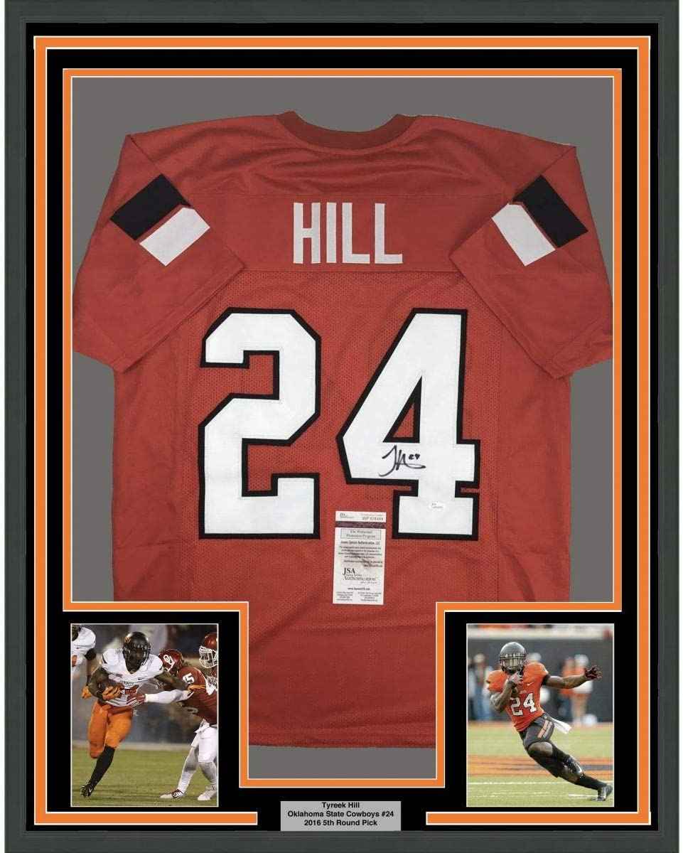 Framed Autographed/Signed Tyreek Hill 35x39 Oklahoma State Orange College Football Jersey JSA COA