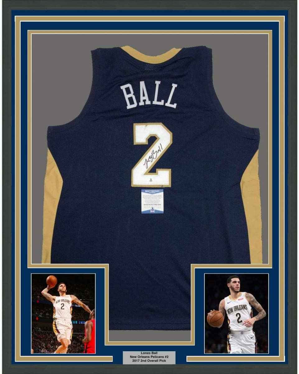 Framed Autographed/Signed Lonzo Ball 35x39 New Orleans Blue Basketball Jersey Beckett BAS COA