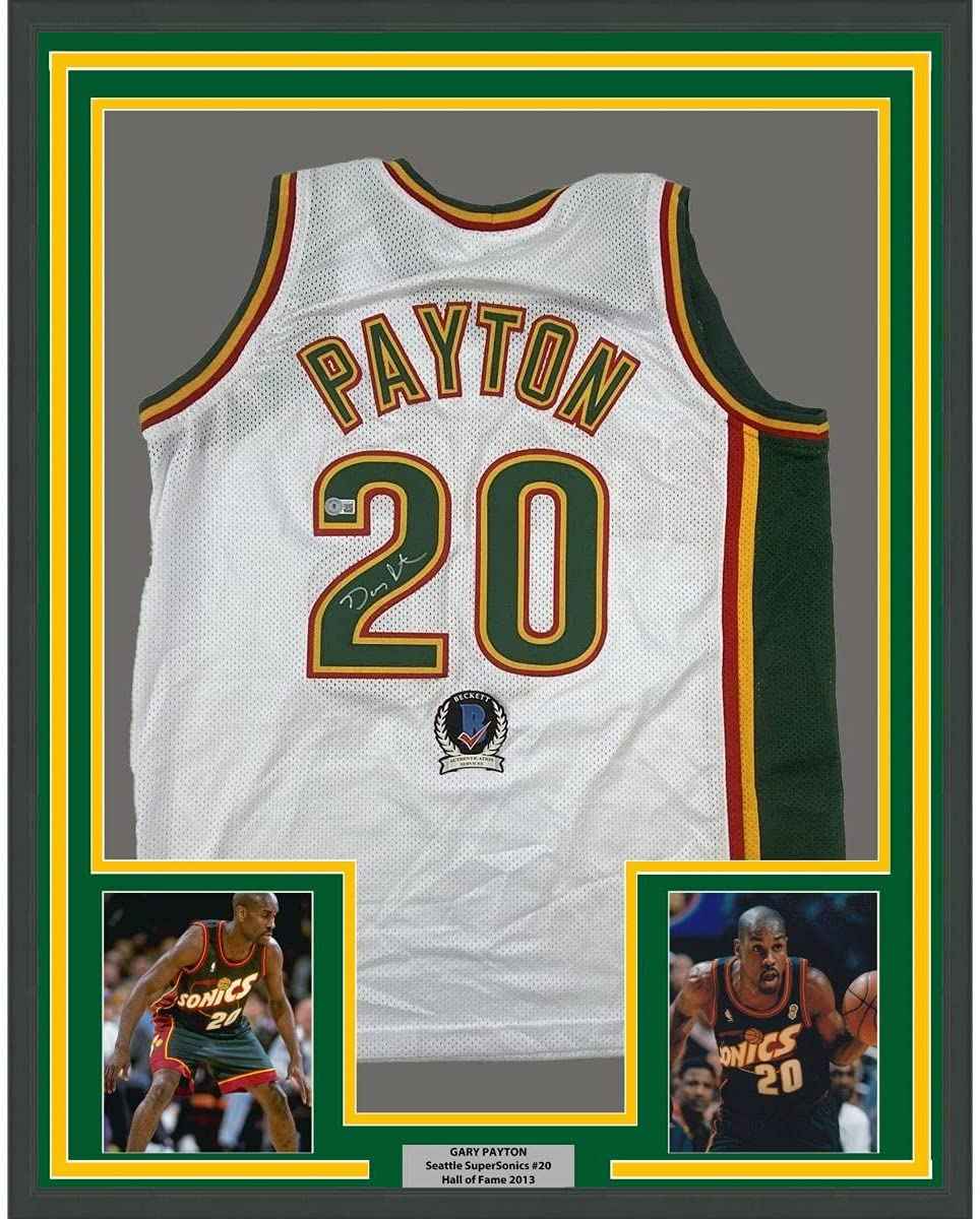 FRAMED Autographed/Signed Gary Payton 35x39 Seattle White Basketball Jersey Beckett BAS COA