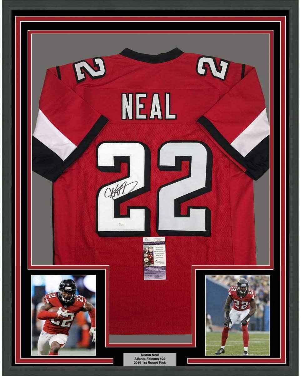 Framed Autographed/Signed Keanu Neal 35x39 Atlanta Red Football Jersey JSA COA