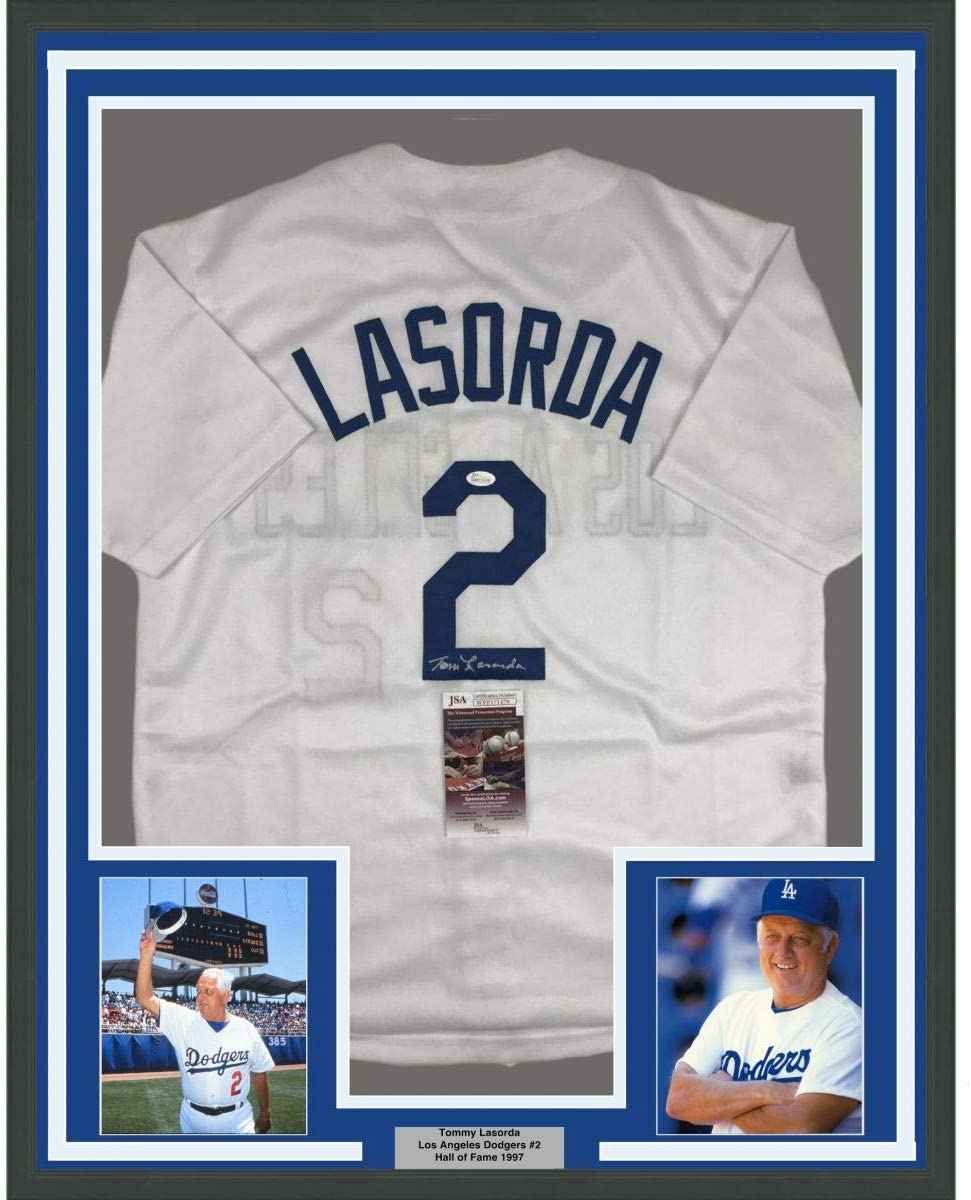 Framed Autographed/Signed Tommy Tom Lasorda 35x39 Los Angeles LA White Baseball Jersey JSA COA