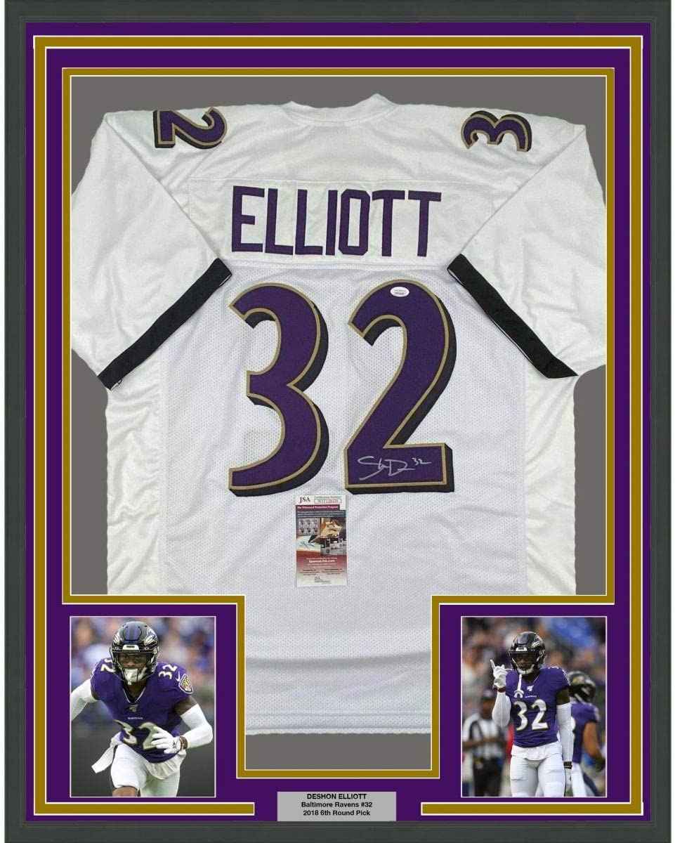 Framed Autographed/Signed DeShon Elliott 35x39 Baltimore White Football Jersey JSA COA