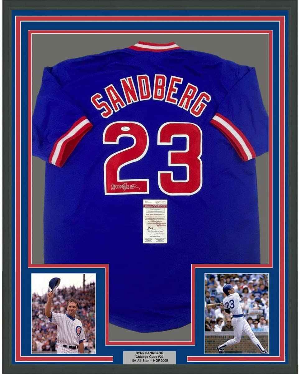 Framed Autographed/Signed Ryne Sandberg 35x39 Chicago Blue Baseball Jersey JSA COA