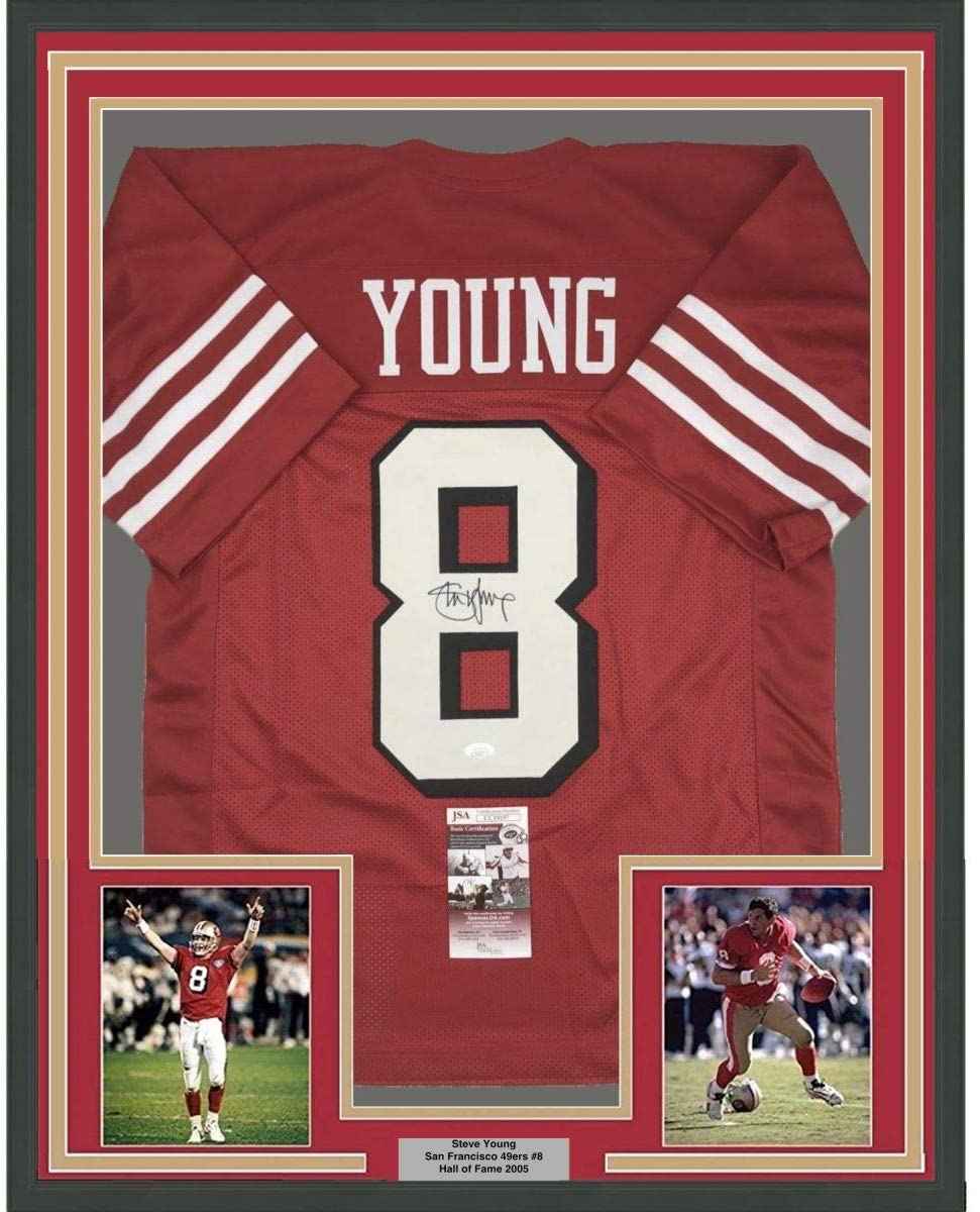 Framed Autographed/Signed Steve Young 35x39 San Francisco Red Shadow Football Jersey JSA COA