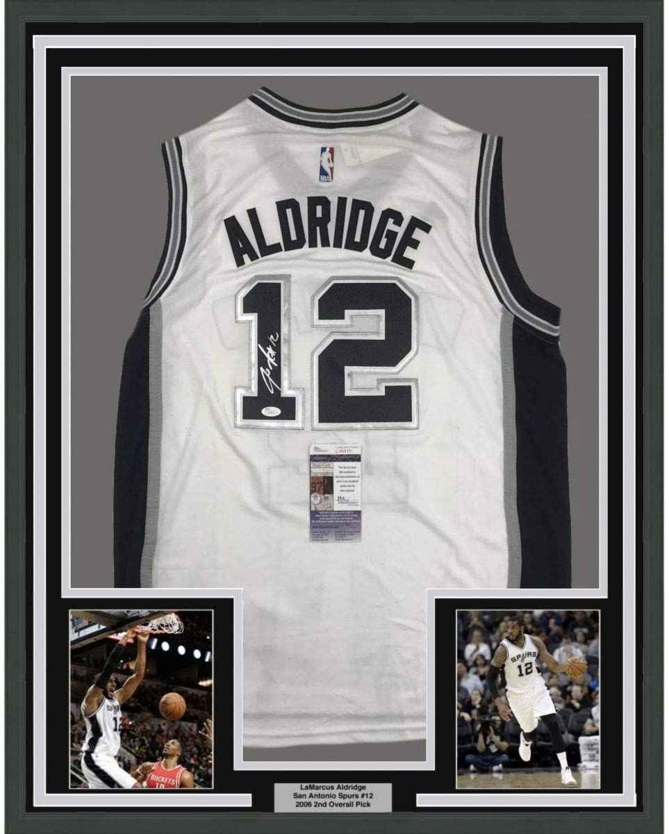 Framed Autographed/Signed LaMarcus Aldridge 35x39 San Antonio White Basketball Jersey JSA COA