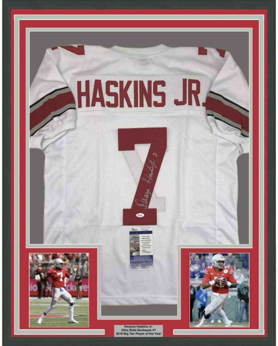 Framed Autographed/Signed Dwayne Haskins Jr. 35x39 Ohio State White College Football Jersey JSA COA