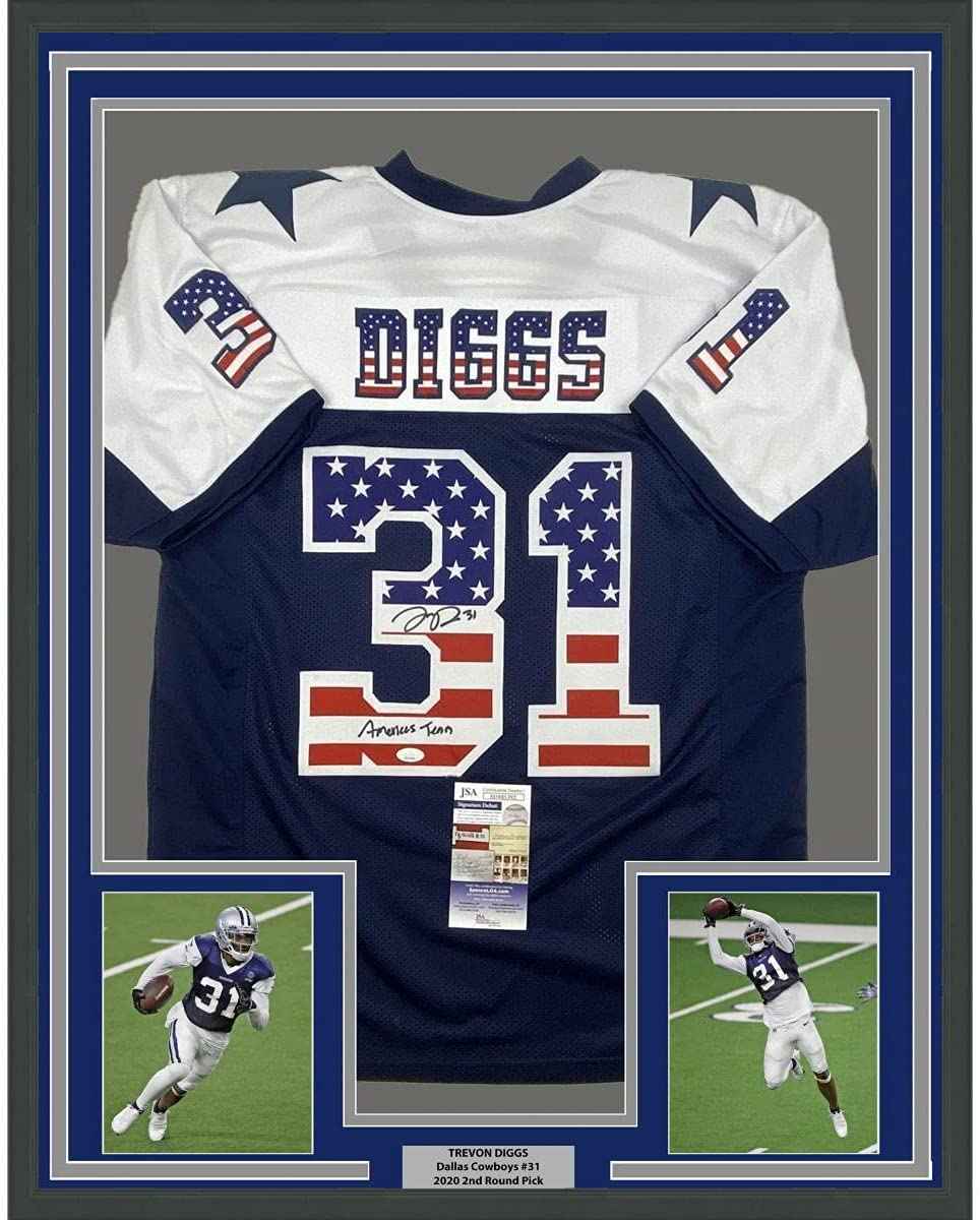 Framed Autographed/Signed Trevon Diggs 35x39 America's Team Dallas Blue Football Jersey JSA COA