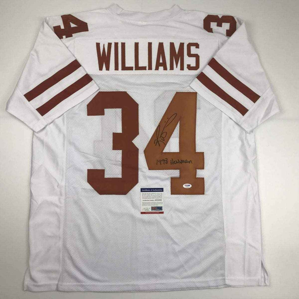 Autographed/Signed Ricky Williams 1998 Heisman Texas White College Football Jersey PSA/DNA COA