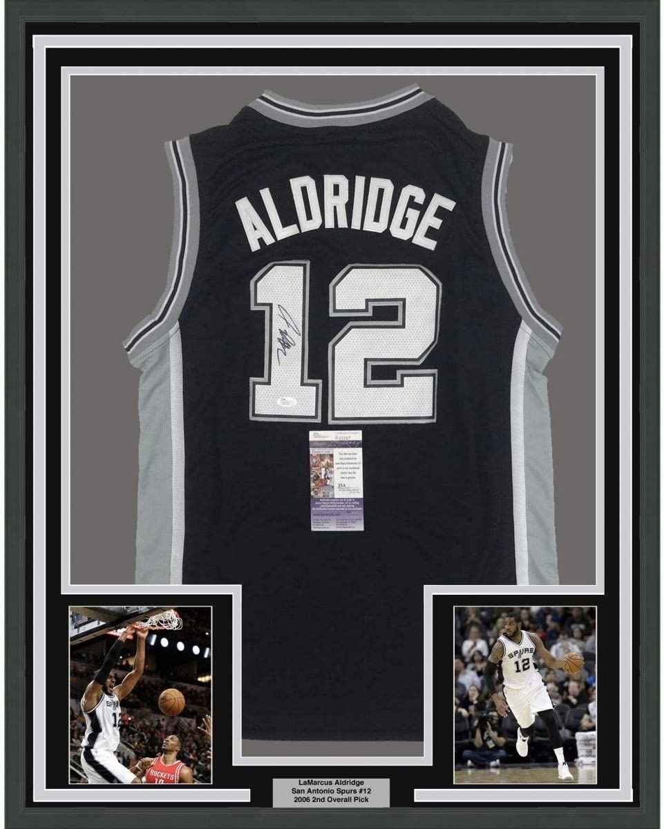 Framed Autographed/Signed LaMarcus Aldridge 35x39 San Antonio Black Basketball Jersey JSA COA