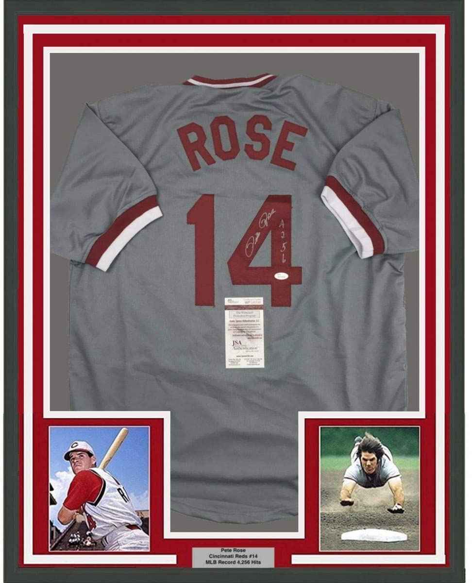 Framed Autographed/Signed Pete Rose 4256 35x39 Cincinnati Grey Baseball Jersey JSA COA