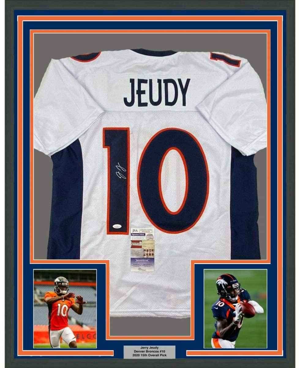 Framed Autographed/Signed Jerry Jeudy 35x39 Denver White Football Jersey JSA COA