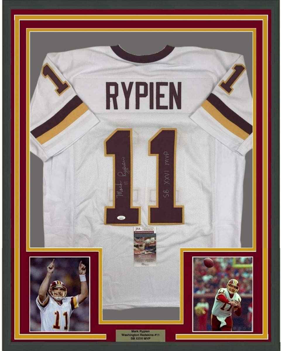 Framed Autographed/Signed Mark Rypien SB XXVI MVP 35x39 Washington White Football Jersey JSA COA