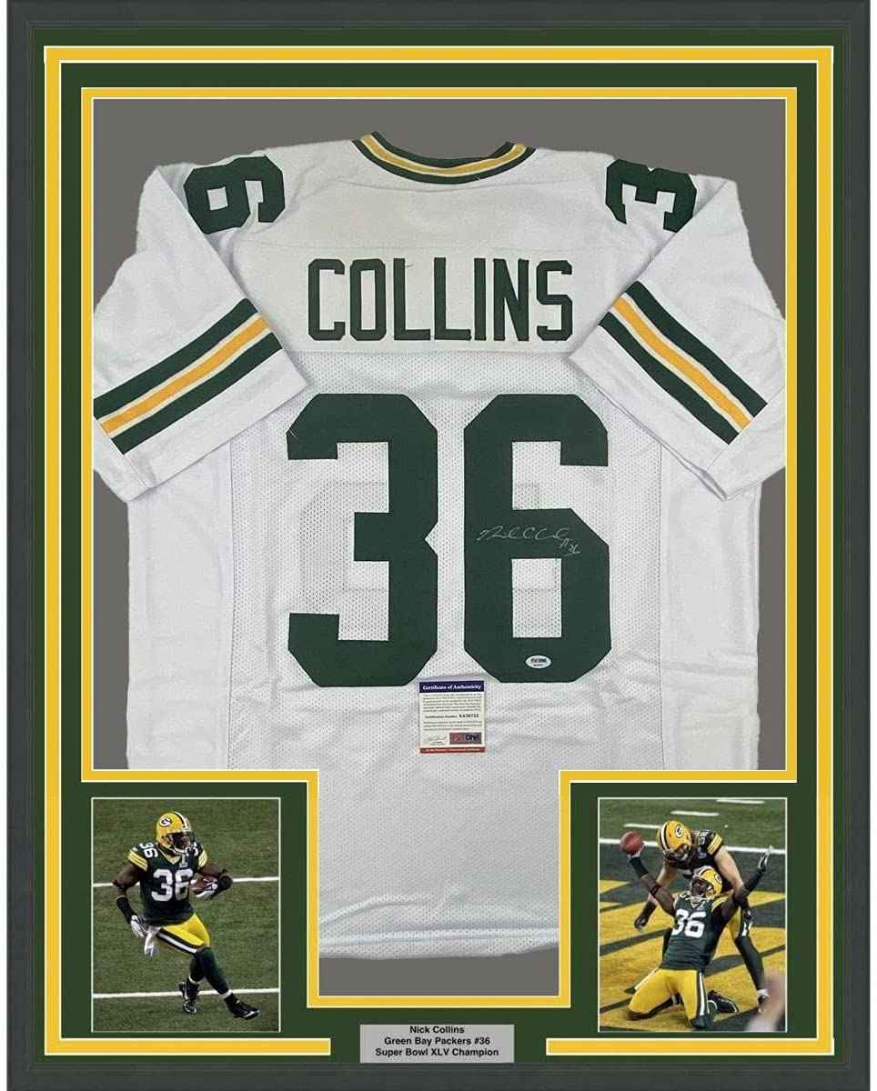 Framed Autographed/Signed Nick Collins 35x39 Green Bay White Football Jersey PSA/DNA COA