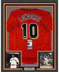 Framed Autographed/Signed Evan Longoria 35x39 San Francisco Orange Baseball Jersey JSA COA