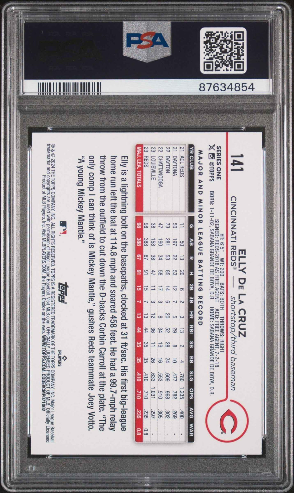 Graded 2024 Topps Elly De La Cruz #141 Rookie RC Baseball Card PSA 9 Mint