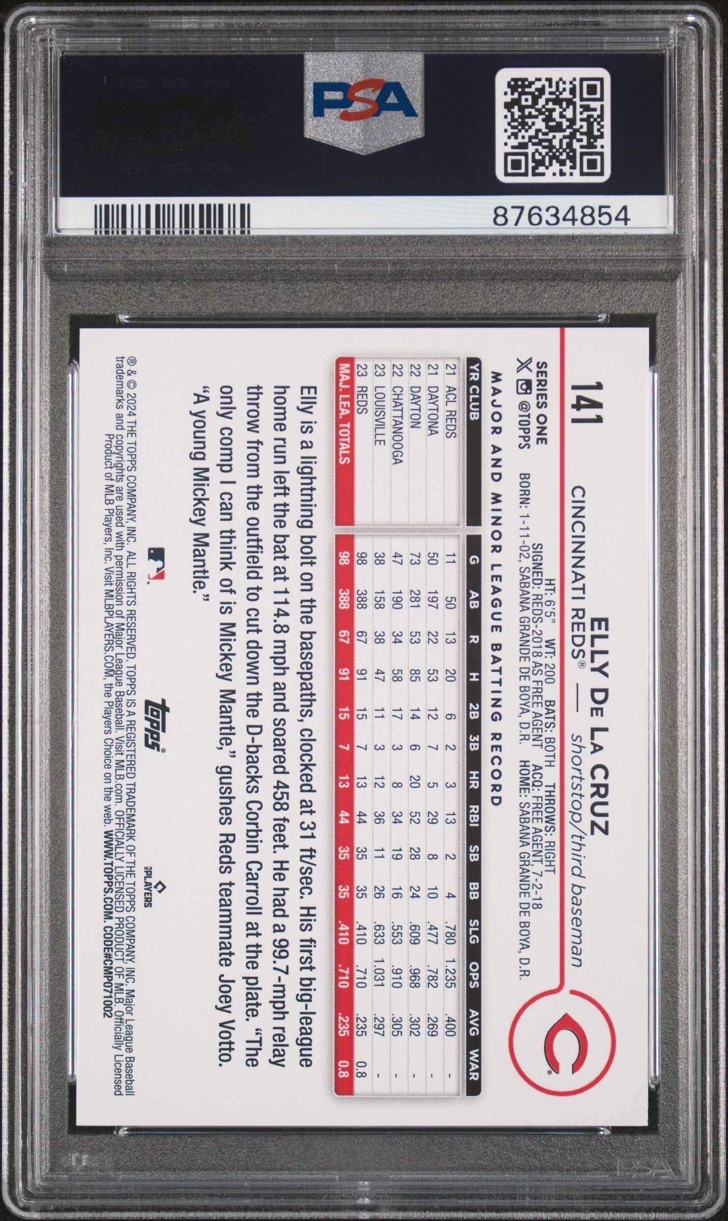 Graded 2024 Topps Elly De La Cruz #141 Rookie RC Baseball Card PSA 9 Mint