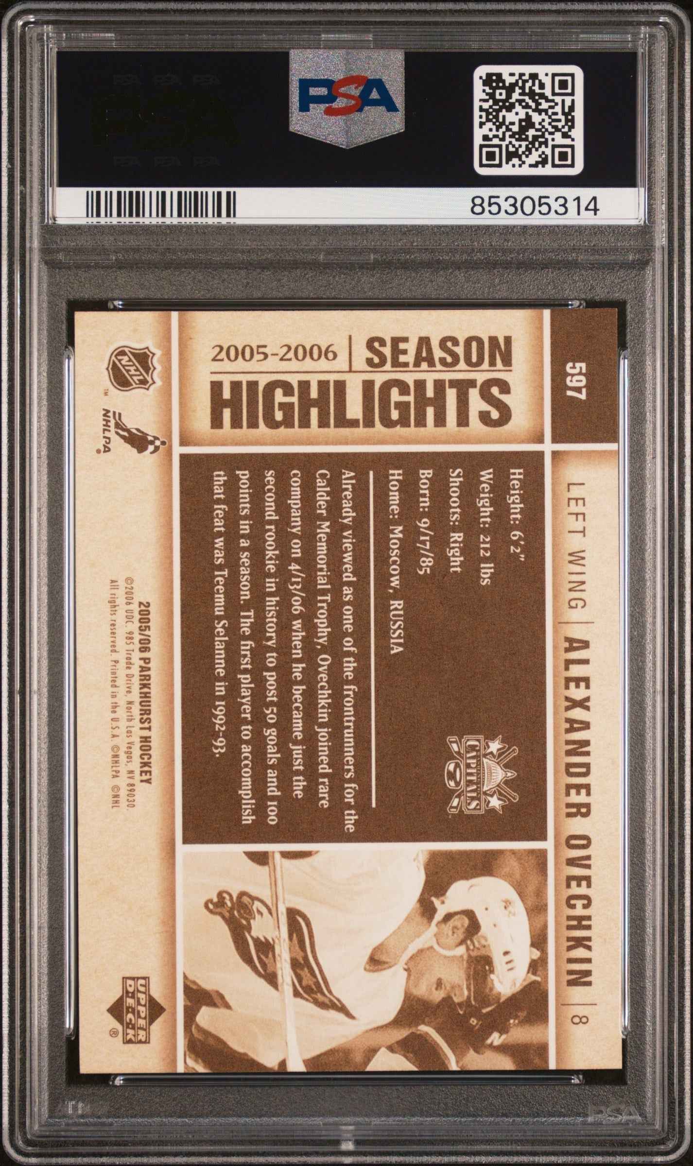 Graded 2005 Upper Deck Parkhurst Alex Ovechkin #597 Rookie RC Hockey Card PSA 10 Gem Mint