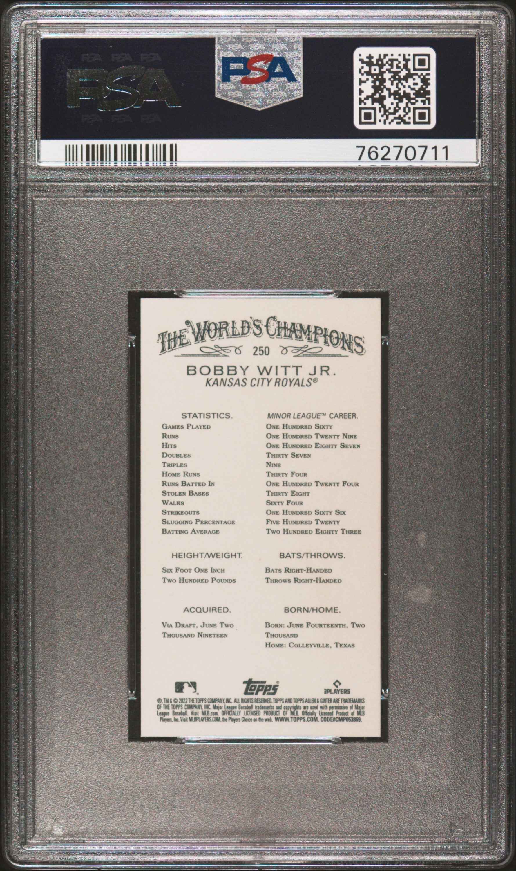 Graded 2022 Topps Allen & Ginter X Bobby Witt Jr. #250 Mini Rookie RC Baseball Card PSA 10 Gem Mint
