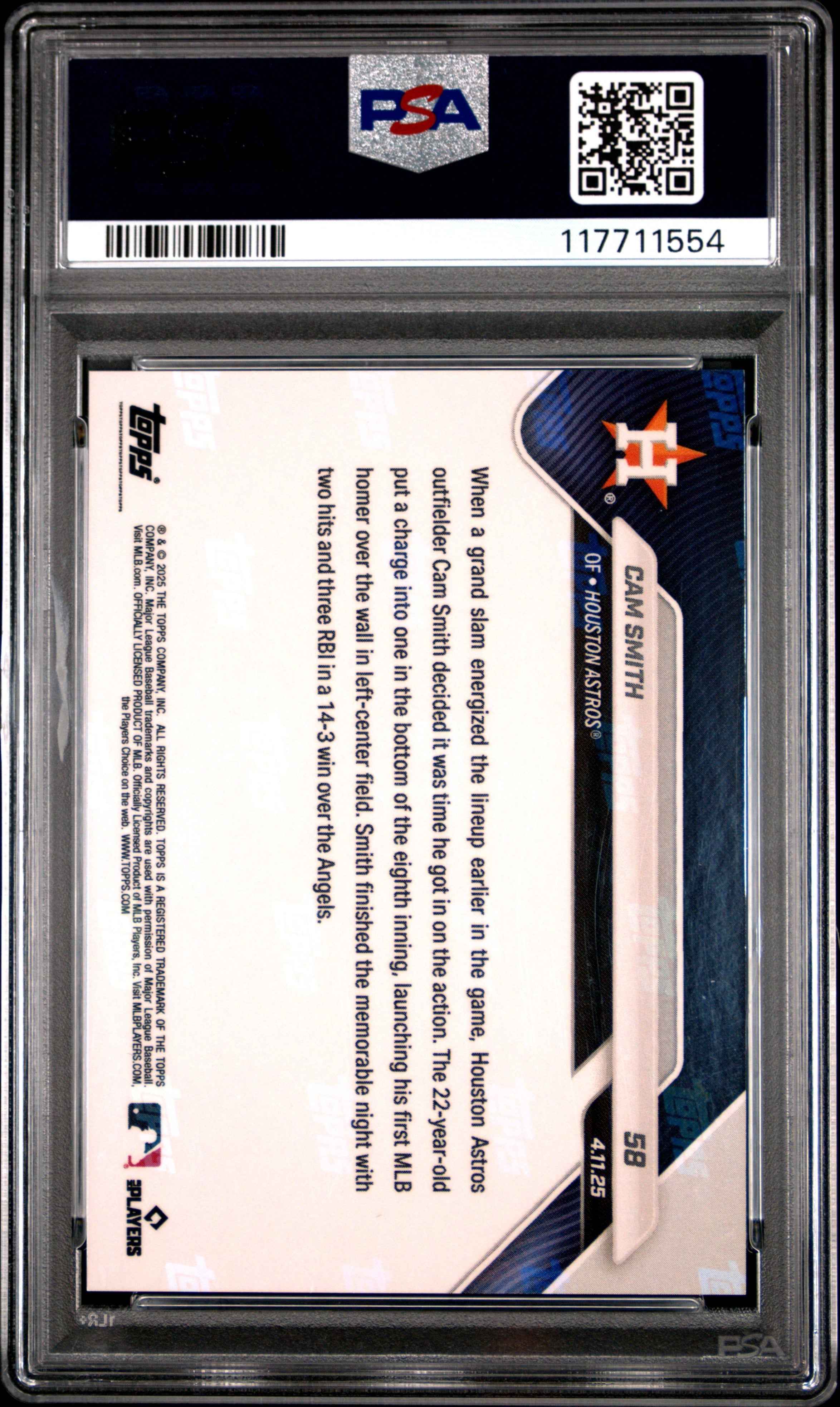 Graded 2025 Topps Now Cam Smith #58 Black Foil /10 Rookie RC Baseball Card PSA 10 Gem Mint