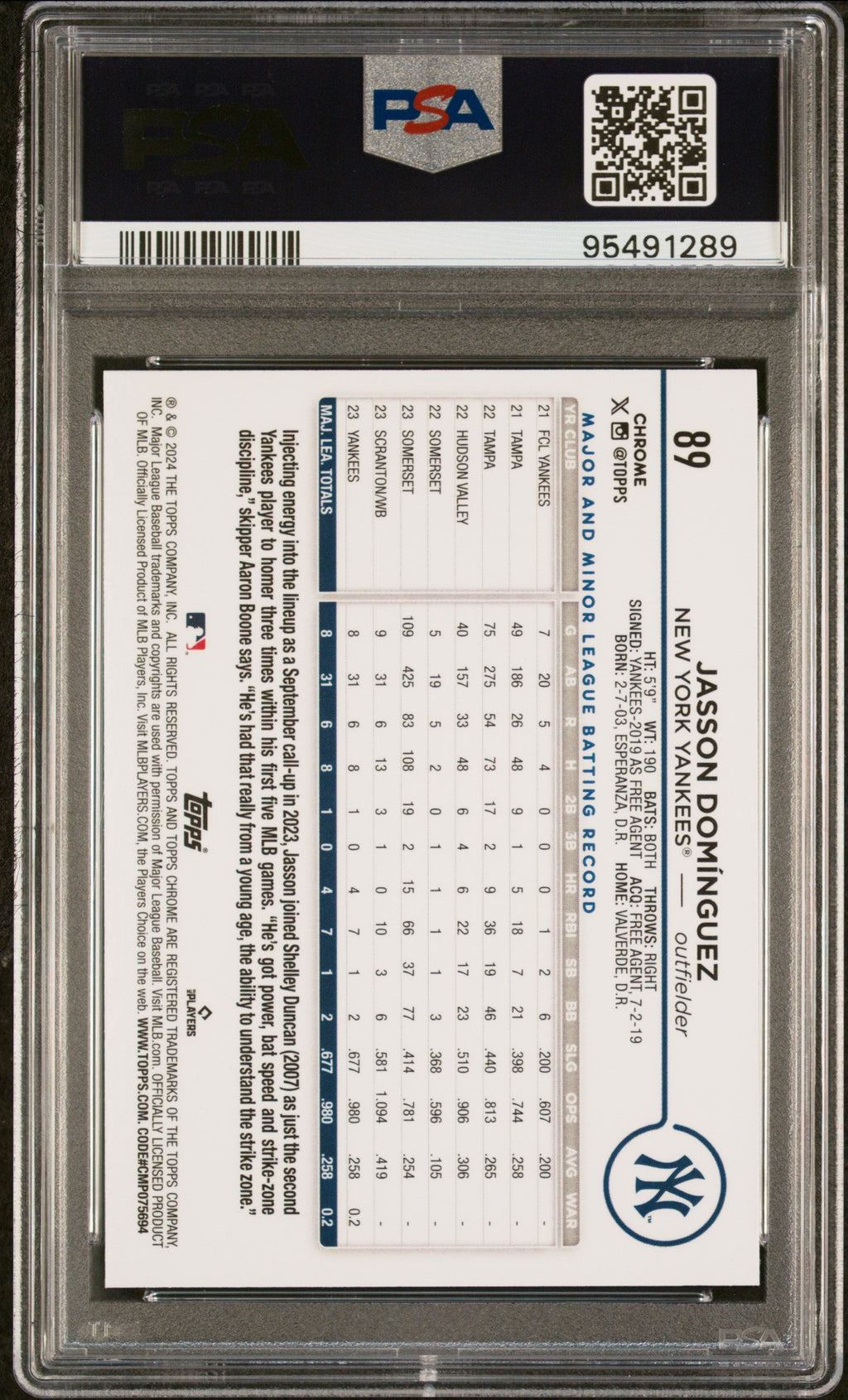 Graded 2024 Topps Chrome Jasson Dominguez #89 Rookie RC Baseball Card PSA 10 Gem Mint