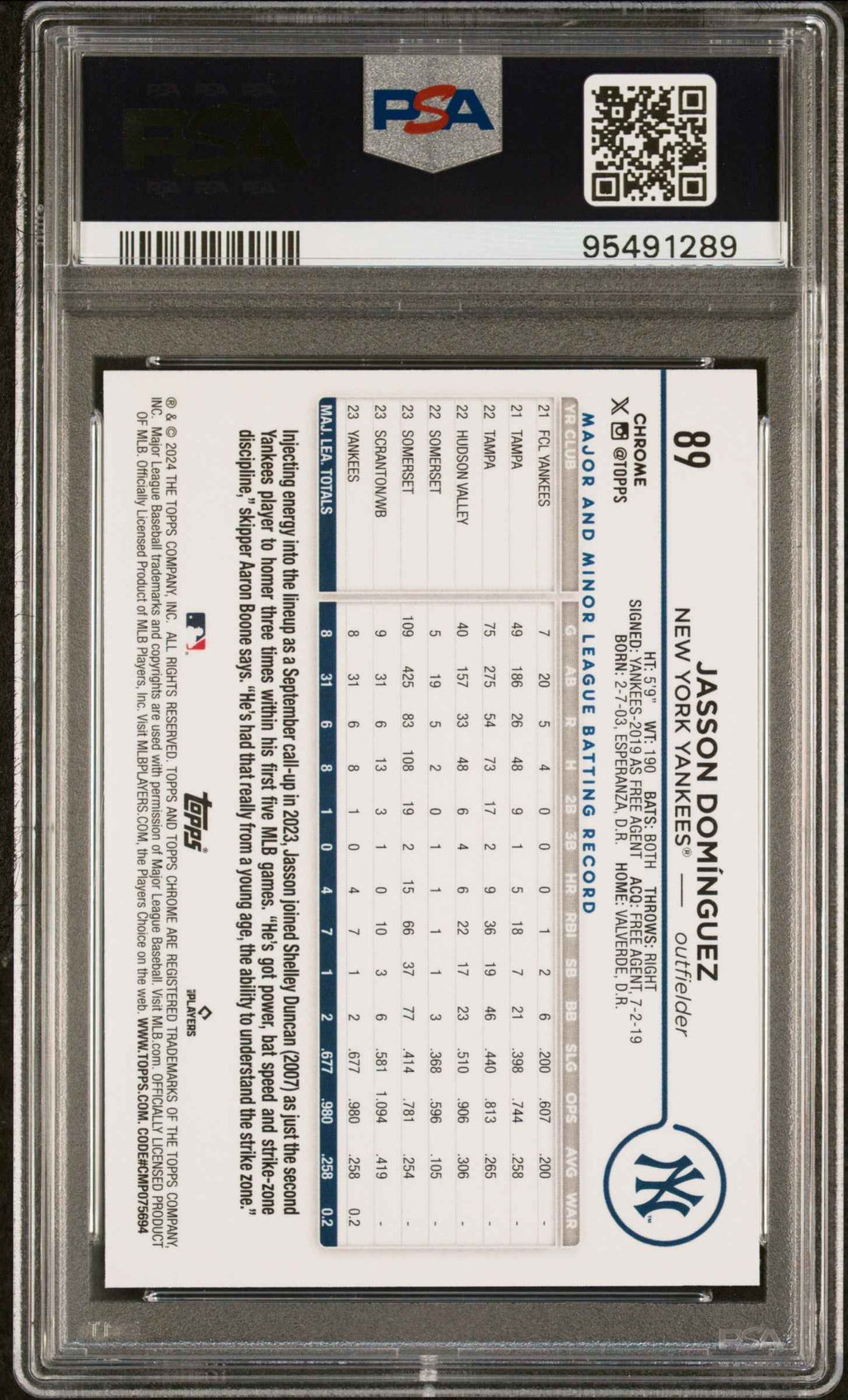 Graded 2024 Topps Chrome Jasson Dominguez #89 Rookie RC Baseball Card PSA 10 Gem Mint
