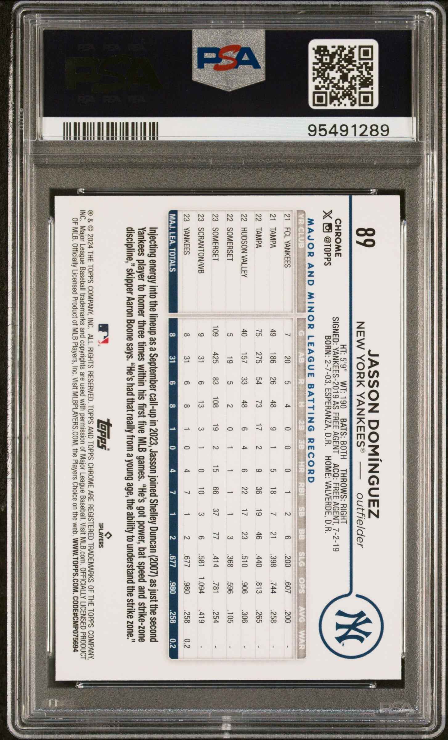 Graded 2024 Topps Chrome Jasson Dominguez #89 Rookie RC Baseball Card PSA 10 Gem Mint