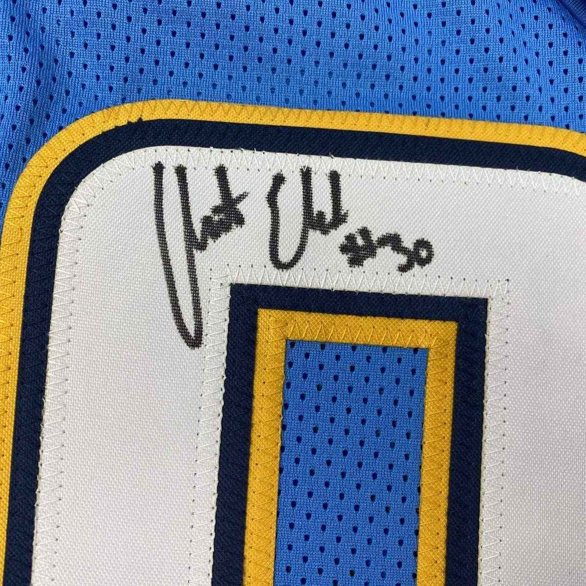 Framed Autographed/Signed Austin Ekeler 35x39 Los Angeles LA Powder Blue Football Jersey Beckett BAS COA