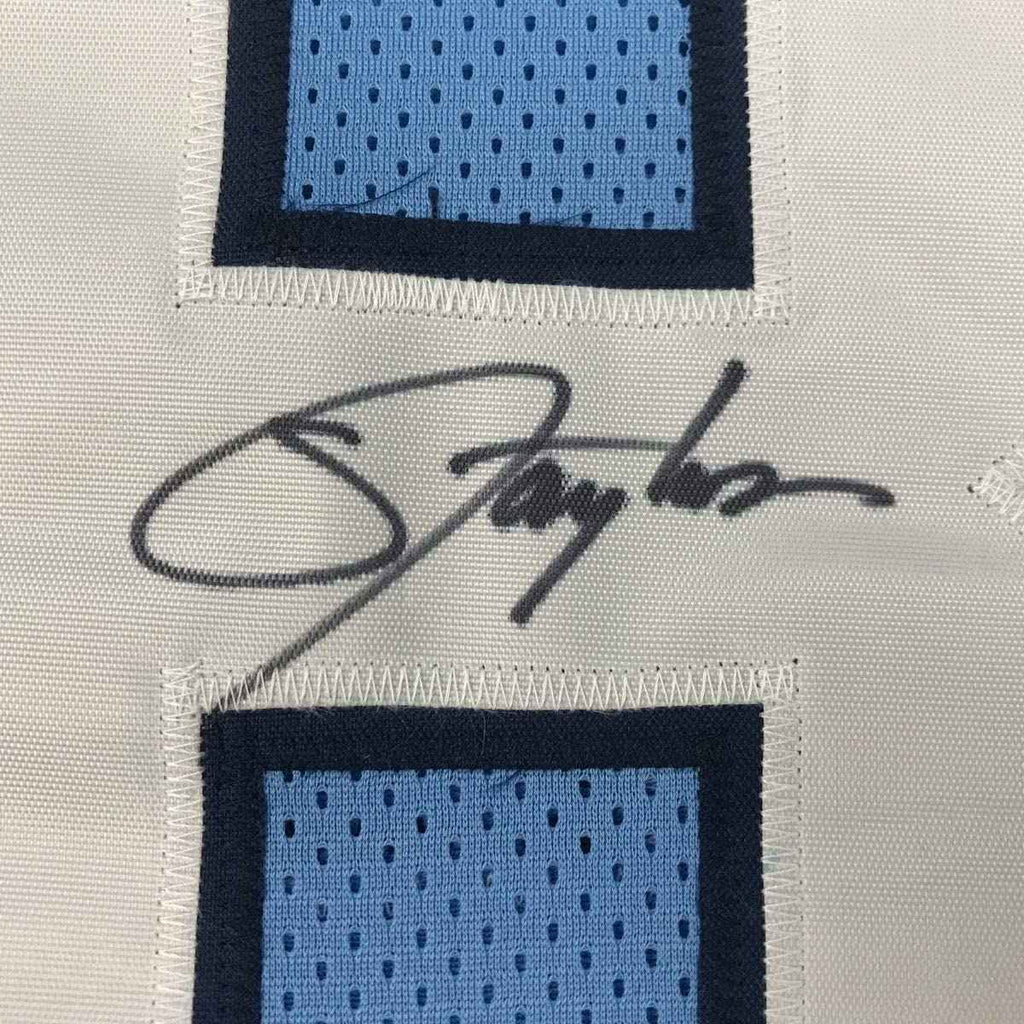 Framed Autographed/Signed Lawrence Taylor 35x39 North Carolina Blue College Football Jersey JSA COA Holo Only