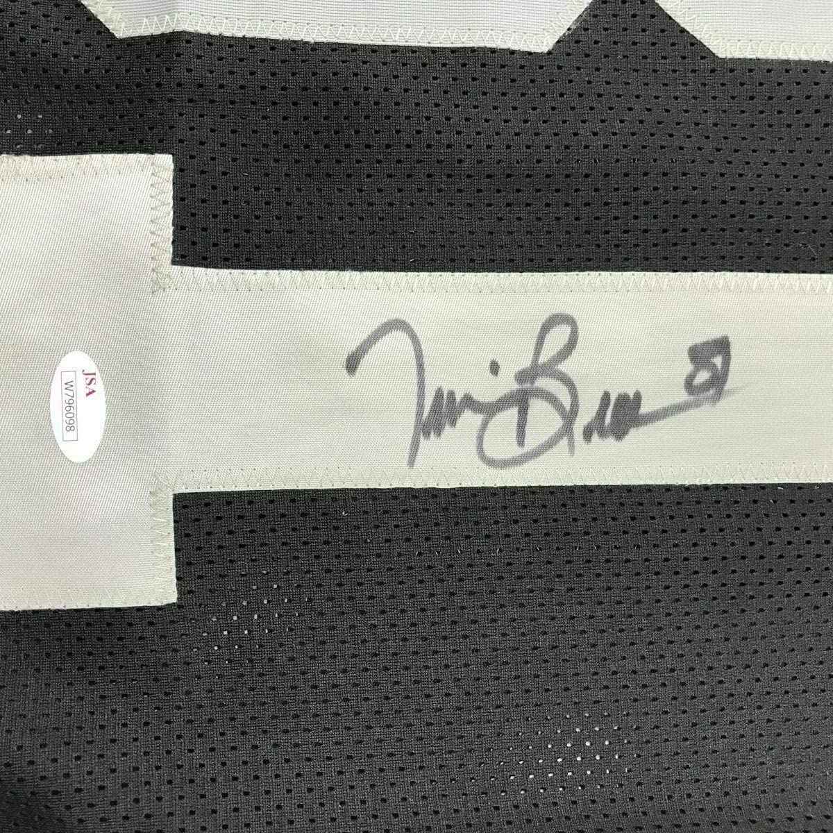 Framed Autographed/Signed Tim Brown 35x39 Oakland Black Football Jersey JSA COA Holo Only