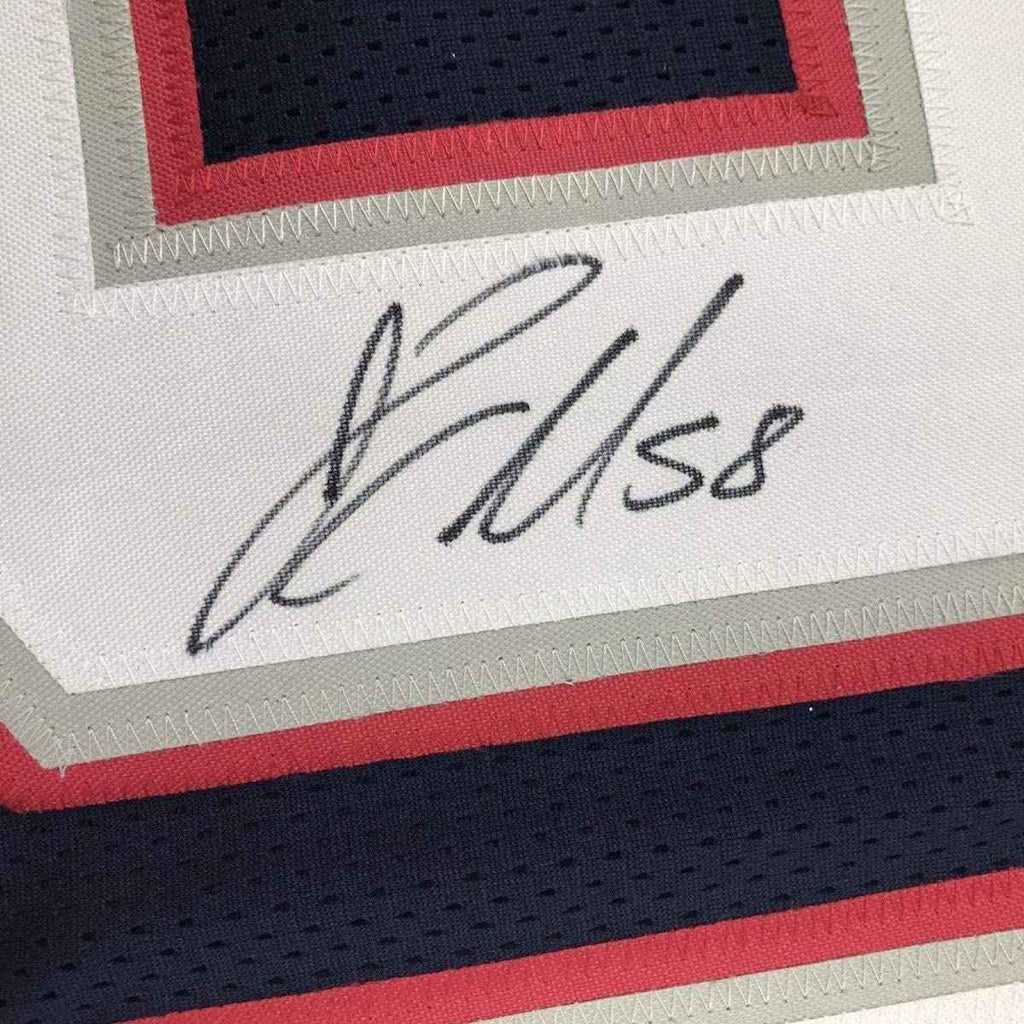 Framed Autographed/Signed Jamie Collins 35x39 New England Blue Football Jersey JSA COA